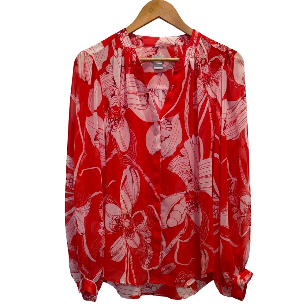 Chico's Red and White Floral Long Sleeve Blouse